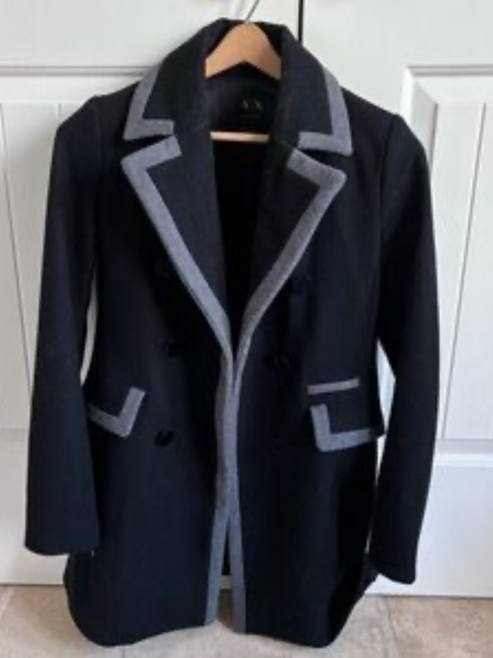 Armani Exchange Black Wool Blend Double Breasted Coat Jacket Gray Trim Size XS